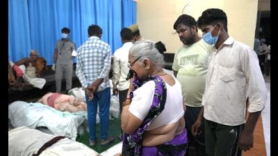 Relatives of victims of the Hathras stampede at Bagla District Hospital, in Hathras, on Tuesday. (PTI) Relatives of victims of the Hathras stampede at Bagla District Hospital, in Hathras, on Tuesday. (PTI)