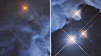 The image shows glimpses of a triple-star system. It is from a post shared by NASA on Instagram. (Instagram/@nasahubble) The image shows glimpses of a triple-star system. It is from a post shared by NASA on Instagram. (Instagram/@nasahubble)