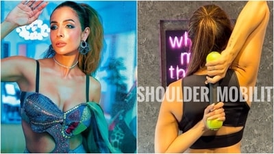 Malaika Arora practises a simple shoulder mobility exercise in viral gym video. (Instagram) Malaika Arora practises a simple shoulder mobility exercise in viral gym video. (Instagram)