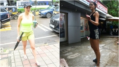 Malaika Arora and Ananya Panday made a strong case for comfy and stylish activewear as they were snapped outside their gyms in tank tops and shorts. While Malaika chose an all-green look, Ananya stuck with the black hue.&nbsp; (HT Photo/Varinder Chawla)