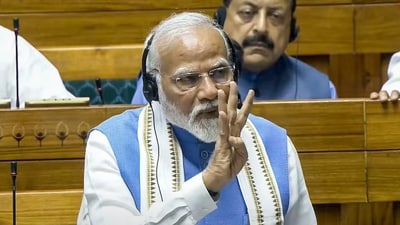 Prime Minister Narendra Modi replies to the Motion of Thanks on the President's Address in the Lok Sabha during the ongoing Parliament session, in New Delhi, Tuesday, July 2, 2024. (PTI)