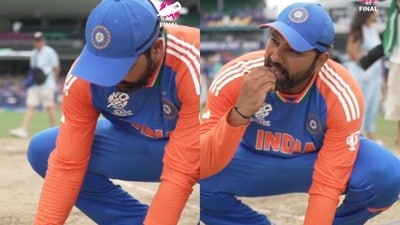 Rohit Sharma plucked a piece of the Barbados pitch and put it in is mouth after India won the T20 World Cup Rohit Sharma plucked a piece of the Barbados pitch and put it in is mouth after India won the T20 World Cup