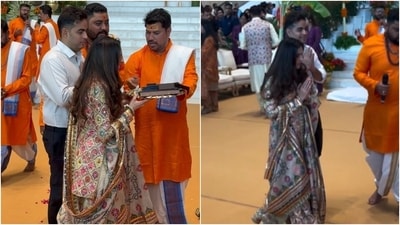 Like her sister-in-law, Shloka Mehta wore a suit set for the mass wedding event. She wore a short kurta, sharara pants, and dupatta adorned with intricate embroidery in pink, green, yellow and gold threadwork.&nbsp; (Instagram)