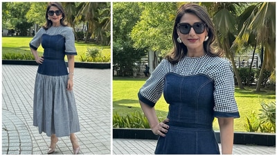Sonali slays the bodycon style trend in this outfit, mixing elegance with figure-sculpting silhouettes. She wore a check-printed midi dress featuring a denim corset, cinched waist, pleated flowy skirt, round neck, and half-length sleeves. She styled the ensemble with heels, sunglasses, silver bracelets, rings, and statement earrings. (Instagram) Sonali slays the bodycon style trend in this outfit, mixing elegance with figure-sculpting silhouettes. She wore a check-printed midi dress featuring a denim corset, cinched waist, pleated flowy skirt, round neck, and half-length sleeves. She styled the ensemble with heels, sunglasses, silver bracelets, rings, and statement earrings. (Instagram)