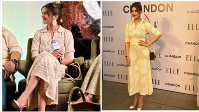 Pastel shades are synonymous with elegance, and Sonali Bendre knows it best. The actor slipped into a cream-coloured mini dress for an event. The ensemble has a collared neckline, button closures on the placket, and a cinched waist. She wore the dress with a messy top knot, heels, statement oval-shaped earrings, and a shoulder bag. (Instagram) Pastel shades are synonymous with elegance, and Sonali Bendre knows it best. The actor slipped into a cream-coloured mini dress for an event. The ensemble has a collared neckline, button closures on the placket, and a cinched waist. She wore the dress with a messy top knot, heels, statement oval-shaped earrings, and a shoulder bag. (Instagram)