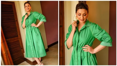 Here, the actor dons another vibrant ensemble. She wore the green-coloured dress with gold accessories, including earrings, rings, and sandals. Meanwhile, the ensemble has a collared neckline, quarter-length sleeves, and a cinched waist. A messy bun rounded off the look. (Instagram) Here, the actor dons another vibrant ensemble. She wore the green-coloured dress with gold accessories, including earrings, rings, and sandals. Meanwhile, the ensemble has a collared neckline, quarter-length sleeves, and a cinched waist. A messy bun rounded off the look. (Instagram)