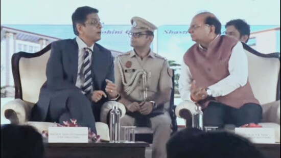 CJI Dhananjaya Y Chandrachud at the foundation stone laying ceremony of new court buildings in Delhi. (HT PHOTO)