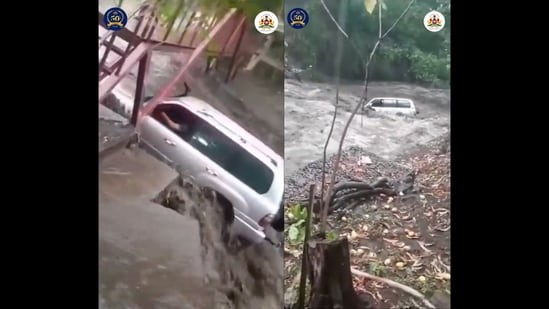 A driver drove his car towards the flooding stream and lost control. (X/@KarnatakaCops)