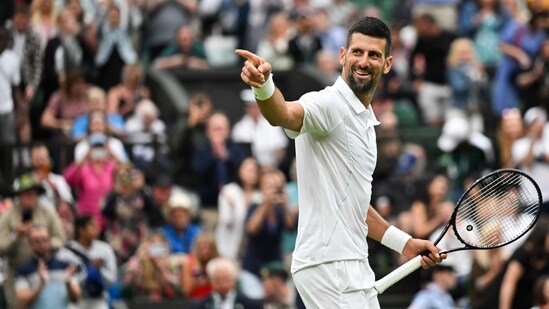 Novak Djokovic celebrates winning against Czech Republic's Vit Kopriva during their men's singles tennis match on the second day of the 2024 Wimbledon Championships at The All England Lawn Tennis and Croquet Club in Wimbledon, southwest London, on July 2, 2024. (AFP)