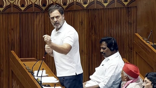 Leader of Opposition in the Lok Sabha Rahul Gandhi speaks in the House during the ongoing Parliament session in New Delhi. (ANI)
