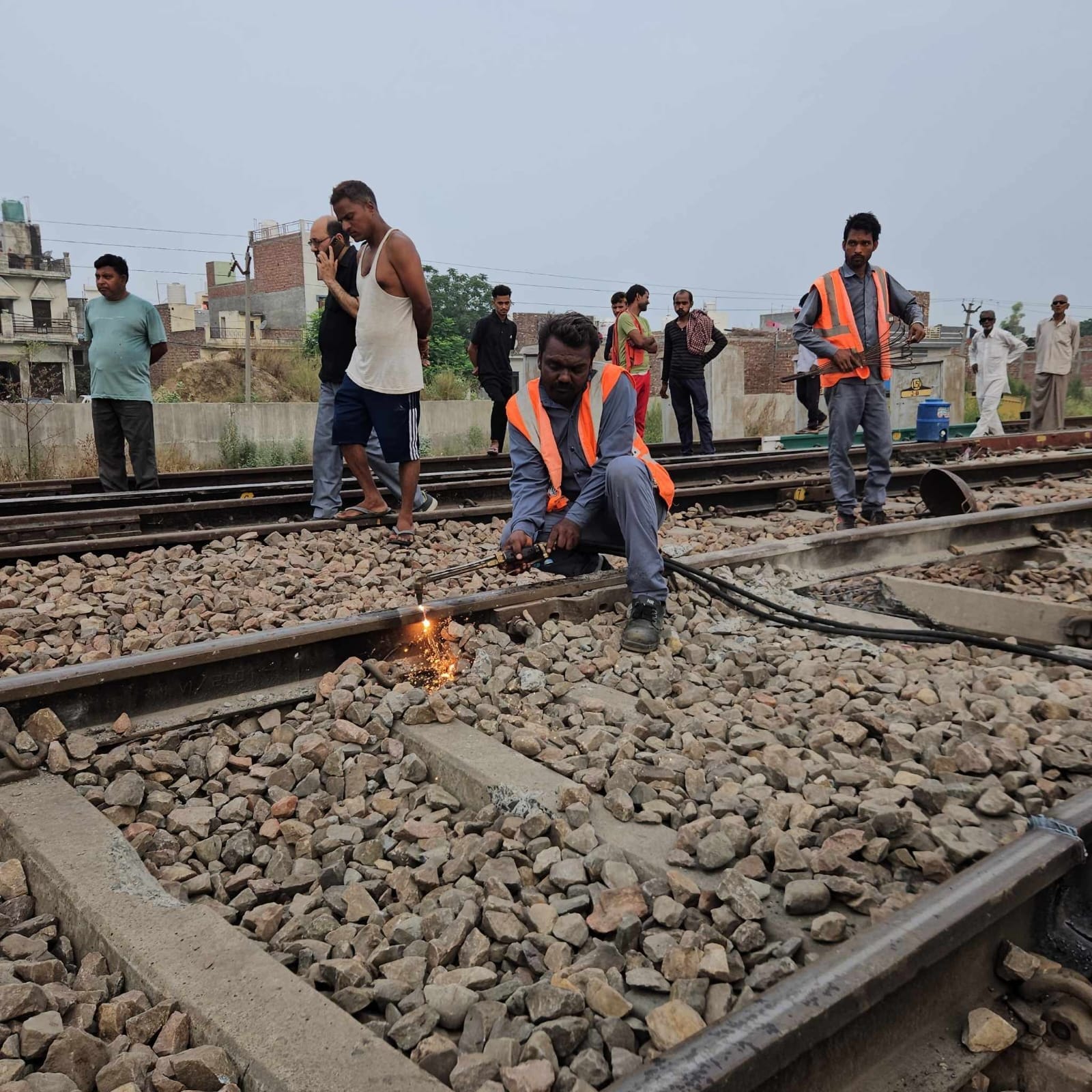 Repair work on at Taraori railway station after a goods train derailed on Tuesday morning. (HT Photo)
