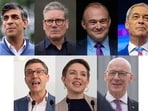 This combination photo shows the leaders of the political parties in Britain. Clockwise from top left are Conservative Party leader Prime Minister Rishi Sunak, Labour Party leader Keir Starmer, Liberal Democrat Party leader Ed Davey, Reform UK Party leader Nigel Farage, Scottish National Party John Swinney and Green Party co-leaders Carla Denyer and Adrian Ramsay. (AP Photo)