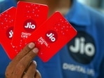 Mobile sim card packets for Jio Platforms Ltd., a unit of Reliance Industries Ltd., in Mumbai, India.