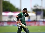 Pakistan's wicketkeeper Mohammad Rizwan walks out after being dismissed during the ICC men's Twenty20 World Cup 2024 match. Pakistan's wicketkeeper Mohammad Rizwan walks out after being dismissed during the ICC men's Twenty20 World Cup 2024 match.