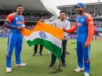 India's captain Rohit Sharma with Hardik Pandya and BCCI Secretary Jay Shah during the celebration after India defeated South Africa