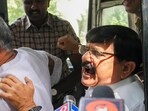 BJP leaders being detained by police during a protest march by the party against alleged corruption by the ruling Congress government in Bengaluru on Wednesday.