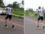 The image shows a member of the Shivganga RSC in Karnataka riding backwards on inline skates to create a Guinness World Record. The image shows a member of the Shivganga RSC in Karnataka riding backwards on inline skates to create a Guinness World Record.
