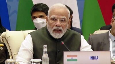 Prime Minister Narendra Modi delivers his remarks at the 22nd Meeting of the Council Heads of State of the Shanghai Cooperation Organization (SCO), in Samarkand. (ANI Photo) (ANI) Prime Minister Narendra Modi delivers his remarks at the 22nd Meeting of the Council Heads of State of the Shanghai Cooperation Organization (SCO), in Samarkand. (ANI Photo) (ANI)