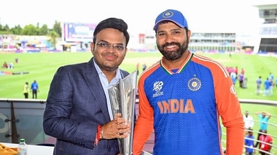 BCCI Secretary Jay Shah and India's captain Rohit Sharma pose for a picture with the trophy as they celebrate after beating South Africa by 7 runs in the ICC Men's T20 World Cup 2024 final match, at Kensington Oval in Barbados on Saturday. (ANI ) BCCI Secretary Jay Shah and India's captain Rohit Sharma pose for a picture with the trophy as they celebrate after beating South Africa by 7 runs in the ICC Men's T20 World Cup 2024 final match, at Kensington Oval in Barbados on Saturday. (ANI )