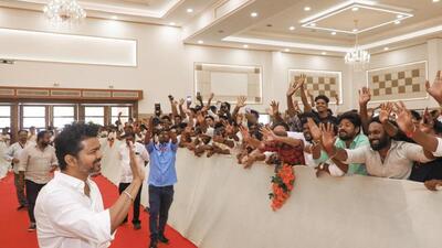 Actor-turned-politician and Tamilaga Vettri Kazhagam president Vijay waves at supporters during an event in Chennai on Wednesday (PTI) Actor-turned-politician and Tamilaga Vettri Kazhagam president Vijay waves at supporters during an event in Chennai on Wednesday (PTI)