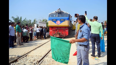 Agartala, Oct 30 (ANI): People gather as the Akhaura-Agartala rail link enters the Indo-Bangladesh border during its trial run, at Nischintapur, in Agartala on Monday. Prime Minister Narendra Modi and Bangladesh Prime Minister Sheikh Hasina will jointly inaugurate the cross-border railway project on November 01. (ANI Photo) (Abhishek Saha) Agartala, Oct 30 (ANI): People gather as the Akhaura-Agartala rail link enters the Indo-Bangladesh border during its trial run, at Nischintapur, in Agartala on Monday. Prime Minister Narendra Modi and Bangladesh Prime Minister Sheikh Hasina will jointly inaugurate the cross-border railway project on November 01. (ANI Photo) (Abhishek Saha)