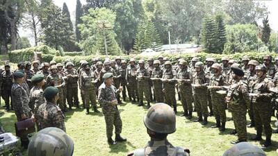 Army chief General Upendra Dwivedi interacting with soldiers in Poonch on Wednesday during his day-long visit to Jammu and Kashmir. (ANI Photo)