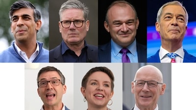 This combination photo shows the leaders of the political parties in Britain. Clockwise from top left are Conservative Party leader Prime Minister Rishi Sunak, Labour Party leader Keir Starmer, Liberal Democrat Party leader Ed Davey, Reform UK Party leader Nigel Farage, Scottish National Party John Swinney and Green Party co-leaders Carla Denyer and Adrian Ramsay. (AP Photo) (AP) This combination photo shows the leaders of the political parties in Britain. Clockwise from top left are Conservative Party leader Prime Minister Rishi Sunak, Labour Party leader Keir Starmer, Liberal Democrat Party leader Ed Davey, Reform UK Party leader Nigel Farage, Scottish National Party John Swinney and Green Party co-leaders Carla Denyer and Adrian Ramsay. (AP Photo) (AP)