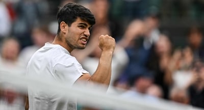 Spain's Carlos Alcaraz celebrates winning against Australia's Aleksander Vukic during their men's singles second round tennis match on the third day of the 2024 Wimbledon Championships. (AFP) Spain's Carlos Alcaraz celebrates winning against Australia's Aleksander Vukic during their men's singles second round tennis match on the third day of the 2024 Wimbledon Championships. (AFP)