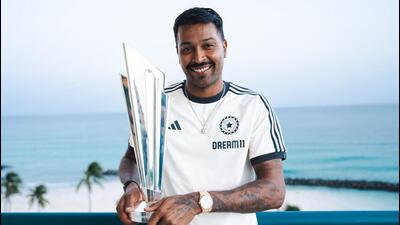 Hardik Pandya poses with the 2024 ICC T20 World Cup trophy, in Barbados. (PTI) Hardik Pandya poses with the 2024 ICC T20 World Cup trophy, in Barbados. (PTI)