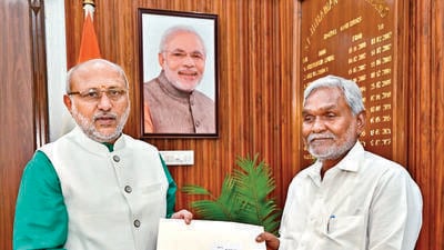Jharkhand CM Champai Soren tenders resignation to governor CP Radhakrishnan at Raj Bhavan in Ranchi on Wednesday. (ANI) Jharkhand CM Champai Soren tenders resignation to governor CP Radhakrishnan at Raj Bhavan in Ranchi on Wednesday. (ANI)