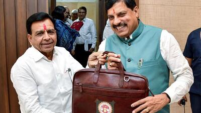 Madhya Pradesh chief minister Mohan Yadav meets deputy CM and finance minister Jagdish Devda before the Budget presentation in the state assembly on Monday. (ANI) Madhya Pradesh chief minister Mohan Yadav meets deputy CM and finance minister Jagdish Devda before the Budget presentation in the state assembly on Monday. (ANI)