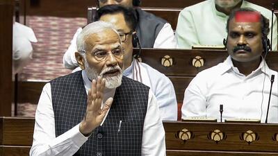 New Delhi, Jul 03 (ANI): Prime Minister Narendra Modi speaks in the Rajya Sabha on the Motion of Thanks to the President's Address, in New Delhi on Wednesday. (ANI Photo/Sansad TV) (Sansad TV) New Delhi, Jul 03 (ANI): Prime Minister Narendra Modi speaks in the Rajya Sabha on the Motion of Thanks to the President's Address, in New Delhi on Wednesday. (ANI Photo/Sansad TV) (Sansad TV)