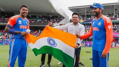 India's captain Rohit Sharma with Hardik Pandya and BCCI Secretary Jay Shah during the celebration after India defeated South Africa (PTI) India's captain Rohit Sharma with Hardik Pandya and BCCI Secretary Jay Shah during the celebration after India defeated South Africa (PTI)