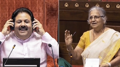 Congress MP Rajeev Shukla reacts as Rajya Sabha MP Sudha Murty speaks in the House during the Parliament session in New Delhi on July 2, 2024. (PTI) Congress MP Rajeev Shukla reacts as Rajya Sabha MP Sudha Murty speaks in the House during the Parliament session in New Delhi on July 2, 2024. (PTI)