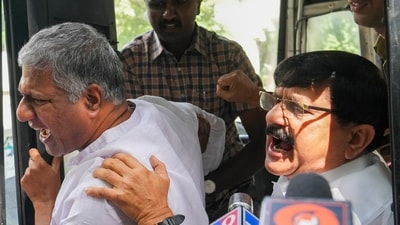BJP leaders being detained by police during a protest march by the party against alleged corruption by the ruling Congress government in Bengaluru on Wednesday. (PTI) BJP leaders being detained by police during a protest march by the party against alleged corruption by the ruling Congress government in Bengaluru on Wednesday. (PTI)