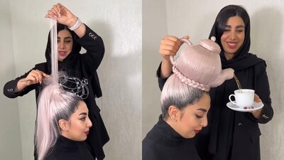 Hairstylist Saeideh Ariaei makes the 'teapot' hairstyle on a model and later pours tea into a cup. (Instagram/@saeidehariaei_hairstylist) Hairstylist Saeideh Ariaei makes the 'teapot' hairstyle on a model and later pours tea into a cup. (Instagram/@saeidehariaei_hairstylist)