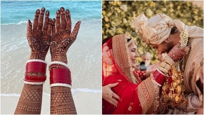Katrina Kaif and Vicky Kaushal tied the knot in an intimate ceremony on December 9 at the Six Senses Fort Barwara in Rajasthan. Though the couple did not share pictures from their honeymoon in the Maldives, Katrina gave a glimpse by posting a click of her outstretched arms - adorned with intricate mehendi and chooda - in front of the clear blue sea and white sand beach. (Instagram) Katrina Kaif and Vicky Kaushal tied the knot in an intimate ceremony on December 9 at the Six Senses Fort Barwara in Rajasthan. Though the couple did not share pictures from their honeymoon in the Maldives, Katrina gave a glimpse by posting a click of her outstretched arms - adorned with intricate mehendi and chooda - in front of the clear blue sea and white sand beach. (Instagram)