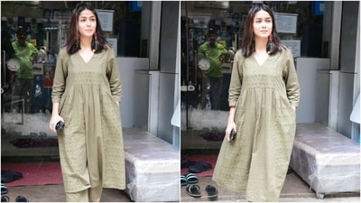 Mrunal Thakur embraced breezy clothing for summer in an olive green-coloured anarkali kurta and palazzo pants. She styled the ensemble with statement red jhumkis, serving a steal-worthy ensemble to beat the heat. (HT Photo/Varinder Chawla) Mrunal Thakur embraced breezy clothing for summer in an olive green-coloured anarkali kurta and palazzo pants. She styled the ensemble with statement red jhumkis, serving a steal-worthy ensemble to beat the heat. (HT Photo/Varinder Chawla)