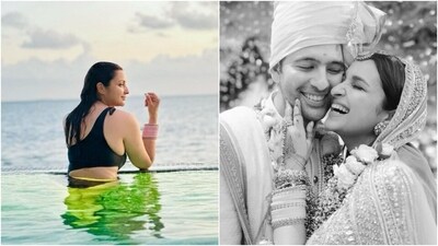 Parineeti Chopra tied the knot with her husband-politician Raghav Chadha in an intimate ceremony. The couple travelled to the Maldives for the romantic vacation. In the picture, Parineeti wore a black and yellow swimsuit and her wedding choodas (bangles) as she spent her time in an infinity pool. (Instagram) Parineeti Chopra tied the knot with her husband-politician Raghav Chadha in an intimate ceremony. The couple travelled to the Maldives for the romantic vacation. In the picture, Parineeti wore a black and yellow swimsuit and her wedding choodas (bangles) as she spent her time in an infinity pool. (Instagram)