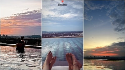 Sonakshi also shared a picture of her and Zaheer admiring the golden hues of the sky while taking a dip in the pool of a high-rise building. She also captured a video of the sunset and another of her and Zaheer chilling by the pool. (Instagram) Sonakshi also shared a picture of her and Zaheer admiring the golden hues of the sky while taking a dip in the pool of a high-rise building. She also captured a video of the sunset and another of her and Zaheer chilling by the pool. (Instagram)