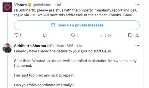 The tech founder's conversation with Vistara customer care. (X/@SiddharthS85) The tech founder's conversation with Vistara customer care. (X/@SiddharthS85)