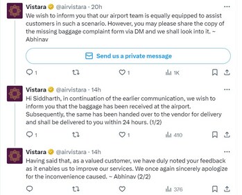 Vistara's reply to a tech founder's X post. (X/@SiddharthS85) Vistara's reply to a tech founder's X post. (X/@SiddharthS85)