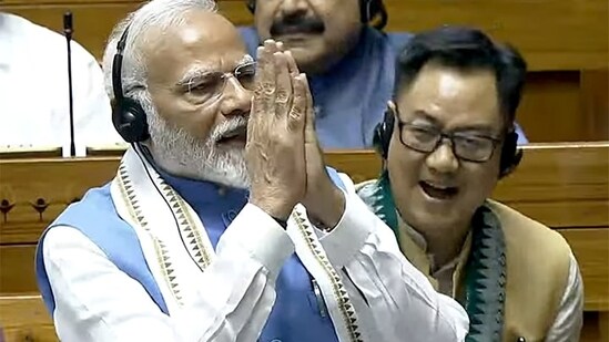 Prime Minister Narendra Modi in the Lok Sabha during Parliament session, in New Delhi on Tuesday. (ANI Photo/Sansad TV)