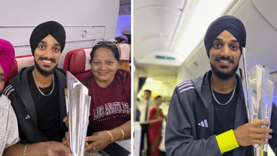 Arshdeep Singh with his parents inside the special Air India flight from Barbados. (Instagram/_arshdeep.singh__)