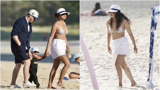 Priyanka Chopra and Nick Jonas took their daughter Malti for a beach outing in Australia. Priyanka embraced the beach vibes in a printed bikini top and white linen shorts. She accessorised the ensemble with a dainty chain, gold hoop earrings, a bracelet, rings, sunglasses, and a cap.&nbsp;(Instagram)