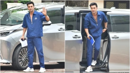 Ranbir Kapoor looked dapper as the paparazzi clicked him during a work schedule. The actor wore a co-ord ensemble - a baggy shirt and matching tapered pants. He styled the simple ensemble with white sneakers and a watch.&nbsp;(HT Photo/Varinder Chawla)