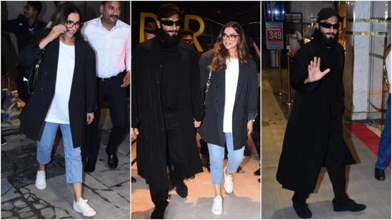 Deepika Padukone stepped out with Ranveer Singh and their family to watch her latest release, Kalki 2898 AD. Deepika opted for stylish, baggy clothes for the occasion. The actor wore an oversized white tee with a black pinstriped blazer and light-blue denim jeans. She styled the ensemble with a shoulder bag, nerdy glasses, centre-parted loose tresses, sneakers, and minimal makeup.&nbsp;(HT Photo/Varinder Chawla)