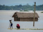 A young boy rows a makeshift banana raft to cross flood waters in Morigaon district in the northeastern Indian state of Assam, India, Wednesday, July 3, 2024. (AP Photo/Anupam Nath)