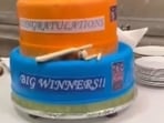 A T20 trophy cake at ITC Maurya to welcome Team India.