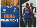 A specially designed 'champions' jersey was presented to the Indian cricketers for their meeting with PM Narendra Modi A specially designed 'champions' jersey was presented to the Indian cricketers for their meeting with PM Narendra Modi